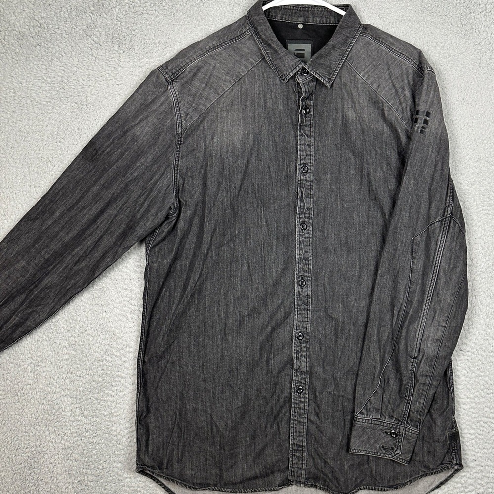 G-Star Raw Shirt Mens 2XL Black Denim Distressed Button-Down Casual Long Sleeve